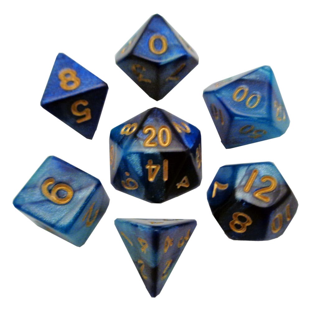 FanRoll Mini Würfel Set Blue/Light Blue with Gold Numbers (7)