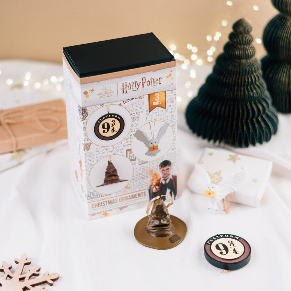 Harry Potter Set mit 3 Weihnachtsornamenten Sprechender Hut, Gleis 9 3/4 und Hedwig 7 cm