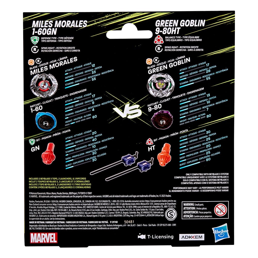 Beyblade X und Marvel Collab Miles Morales 1-60GN vs. Green Goblin 9-80HT
