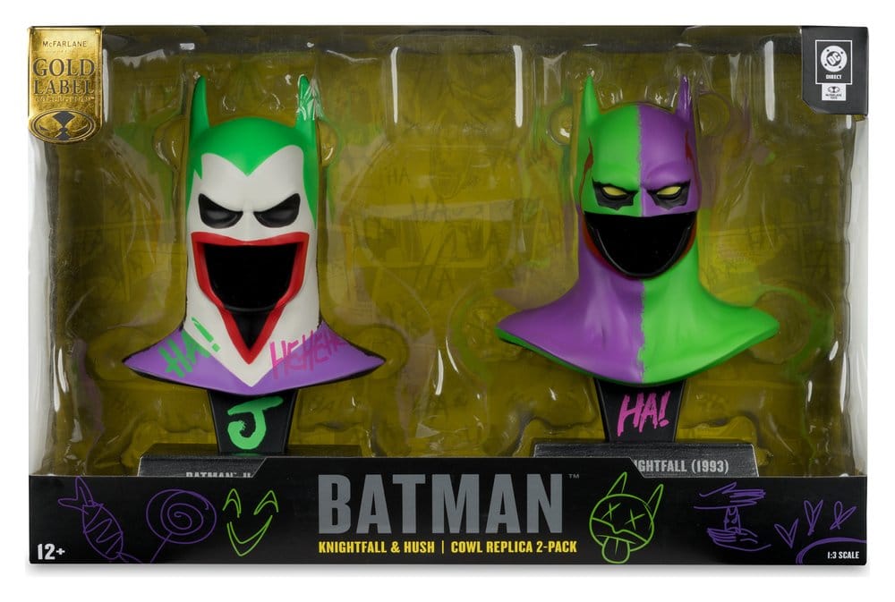 Batman DC Direct Mini-Replik 1/3 2er-Pack Batman Masken Hush & Knightfall (Jokerized) (Gold Label) 18 cm