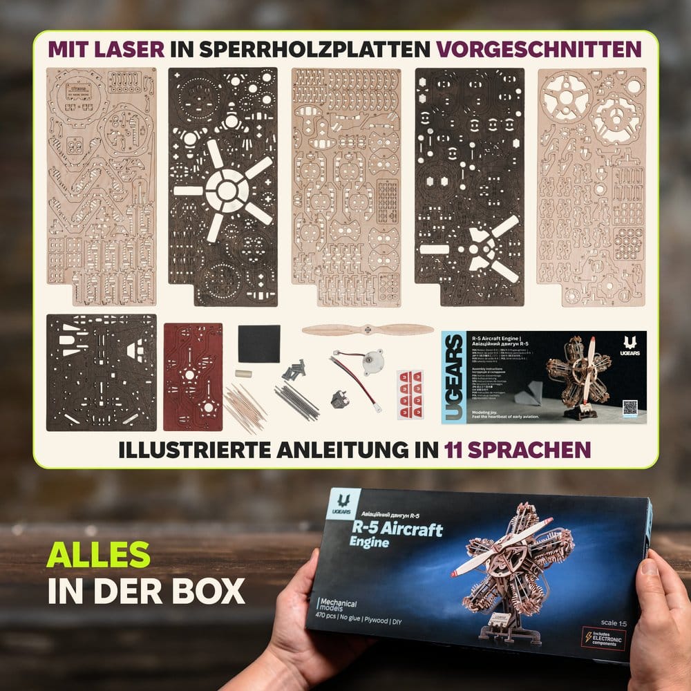 Ugears 3D Modellbausatz aus Holz R-5 Flugzeugmotor 25 cm