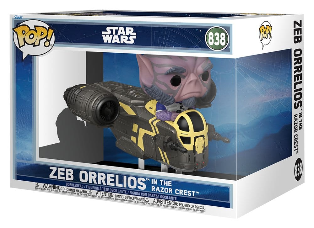Star Wars: The Mandalorian and Grogu POP! Rides Deluxe Vinyl Wackelkopf-Figur Zeb Orrelios in the Razor Crest 9 cm